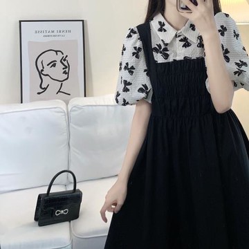 大碼女裝學院風假兩件背帶裙胖mm甜酷顯瘦遮肚燈籠袖松緊腰連衣裙