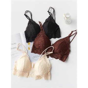 前扣真絲文胸性感蕾絲無鋼圈美背胸罩黑色法式三角杯蠶絲奶罩