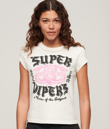 Superdry Women's Embellished Poster Cap Sleeve T-shirt Cream Size: 4