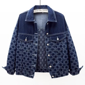 2024春秋新款牛仔短外套韓版寬松大碼織布印花夾克單排扣長袖上衣