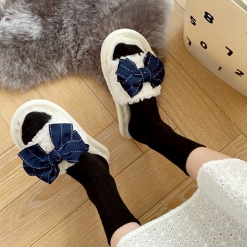 少女心奶甜蝴蝶結小卷毛毛茸茸拖鞋女家居室內軟底露趾一字拖鞋