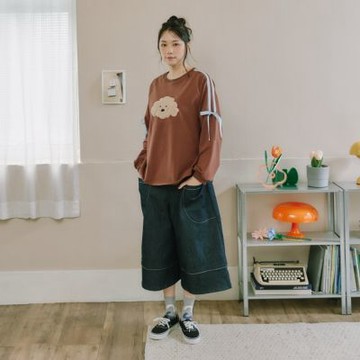 【Dailo】跳舞貓刷毛寬褲 藍 黑 紅