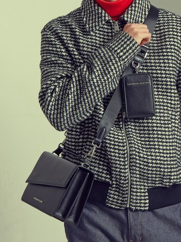 Topstitch Leather Handle Crossbody Bag Black