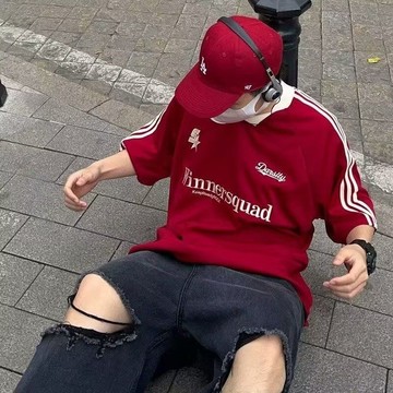 潮牌美式復古V領休閒短袖百搭T恤男女夏季高街痞帥寬鬆上衣