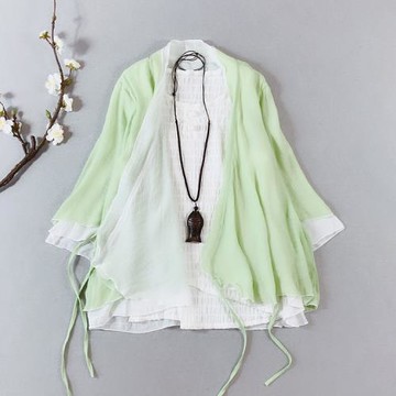 中國風復古系帶漢服棉麻開衫女夏裝中式文藝茶服空調防曬衣薄外套