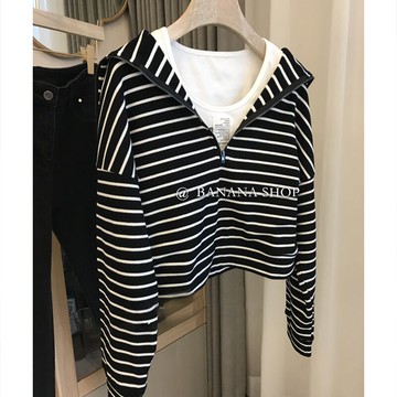 香蕉芭那那好看自留款！寬松彈力針織黑白條紋半拉鏈套頭開衫女秋