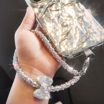 Q21 蝴蝶結手機掛繩防摔 滿鑽蝴蝶結夾鑽圈手機鏈ins時尚輕奢手腕掛鏈手機掛繩短款『Mika迷卡』