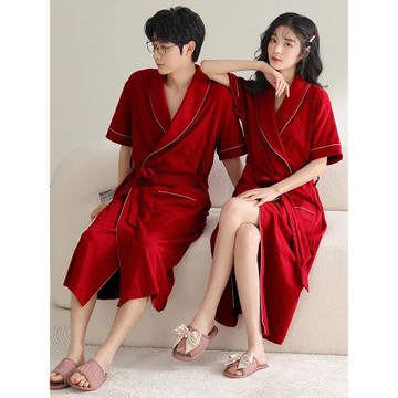 睡袍女晨袍浴袍夏季紅色結婚新婚新娘伴娘情侶男士婚禮睡衣家居服