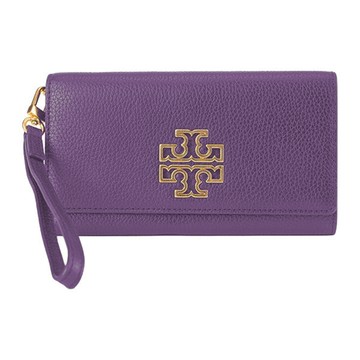 【TORY BURCH】雙T-LOGO皮革翻蓋手拿包長夾-深紫