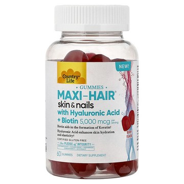 Country Life, Maxi-Hair® 皮膚和指甲軟糖，含透明質酸 + 生物維生素，漿果味，60 粒