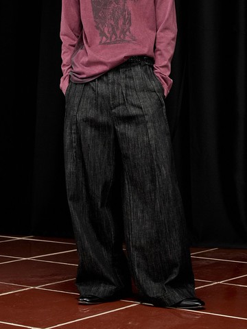 【流氓】竹節紋絲多褶/原色牛仔長褲