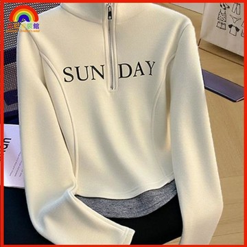 🌷秋季新品🌷女童上衣 秋季衛衣 半拉鍊 長袖 純色字母印花 短款撞色下擺 中大童洋氣百搭上衣女童上衣 衛衣外套 H7