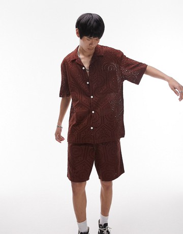 Topman short sleeve relaxed revere broderie shirt in brown