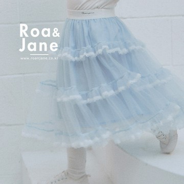 韓國專櫃 RoanJane 天空藍蕾絲滾邊層次長紗裙