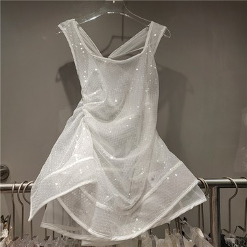 ParrotFashion甜辣風設計感白色亮片透明背心女夏性感網紗小眾百搭吊帶上衣