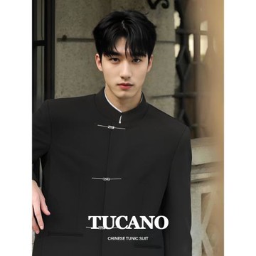 啄木鳥新中式休閑西服男國風立領中山裝高級感飛機扣寬松西裝套裝