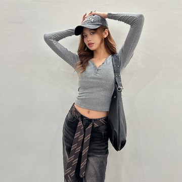 彈力V領Bra上衣-灰【KT224704】