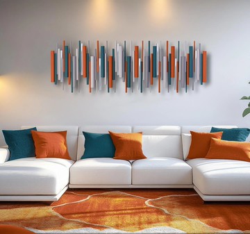 藍綠 橙 綠 木圓棒 現代 壁掛 藝術