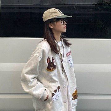 秋冬熱賣🔥搭情侶寬鬆衛 毛巾刺繡開衫 s秋冬新款百 衣 美式復古小狗 外套男女in