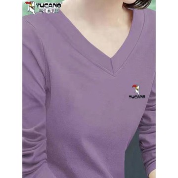 啄木鳥2025年新款春秋季純棉長袖T恤女大碼V領上衣百搭休閑打底衫