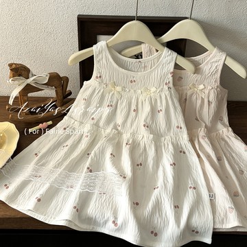 Mimo⭐夏季大裙擺長款甜美蝴蝶結女童圓領公主女童背心雙層花邊裙子
