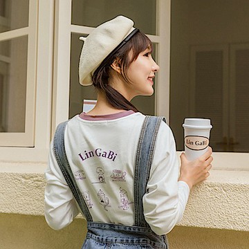 OB嚴選-咖啡廳家族．純棉領撞色飲品印花長袖上衣