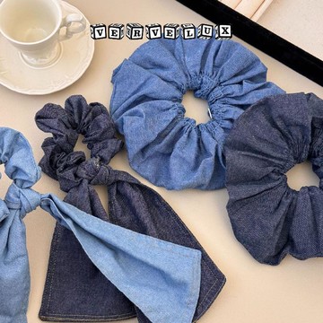 两件9.9折🔥臺灣出貨🔥可開發票✅百搭慵懶大號牛仔飄帶蝴蝶結髮圈高級感氣質扎頭髮繩丸子頭髮飾女