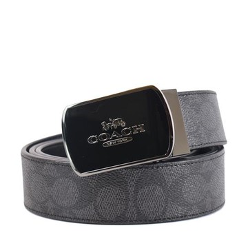 COACH 男款 琺瑯釦頭緹花LOGO防刮寬版皮帶-灰黑/黑