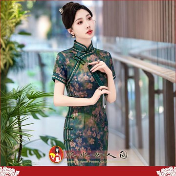 高端綠色印花長旗袍復古中國風修身顯瘦改良時尚優雅氣質短袖名媛洋裝日常宴會派對必備女士連身裙-花遇-水水女人國