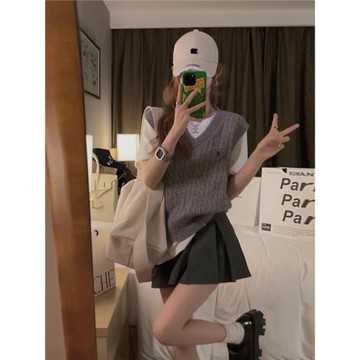 刺繡V領針織衫麻花毛衣馬甲女秋季薄款寬松外搭疊穿無袖坎肩背心