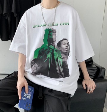 FINDSENSE X 韓潮 男士 美式歌手樂隊印花 寬鬆五分袖大尺碼 短袖T恤