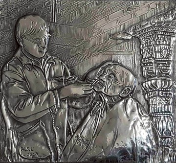 錫雕  中場休息 尼泊爾古城的理容師 畫框