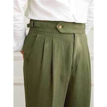 鹿三先生夏季高腰直筒棉麻休閑褲子百搭時尚那不勒斯通勤紳裝褲男