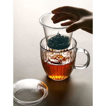 日式玻璃杯花茶杯帶把茶水分離過濾泡茶杯女家用水杯透明杯子帶蓋