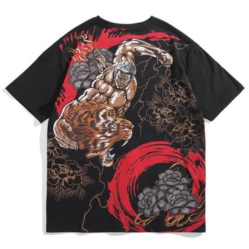 清貨!重工老虎刺繡男T恤北斗神拳卡通動漫短袖潮牌國潮水墨風半袖