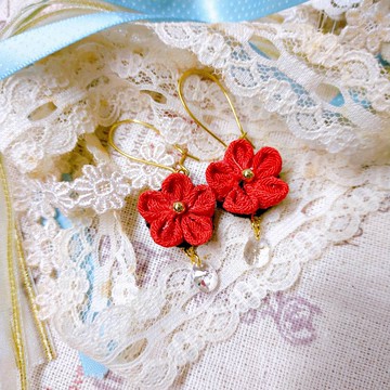 **kehto** つまみ細工 日式布花 和風飾品 耳勾 紅梅