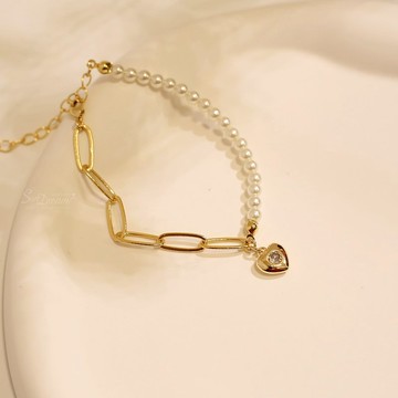my heart珍珠鋯石手鏈 心型珍珠鏈條手鏈