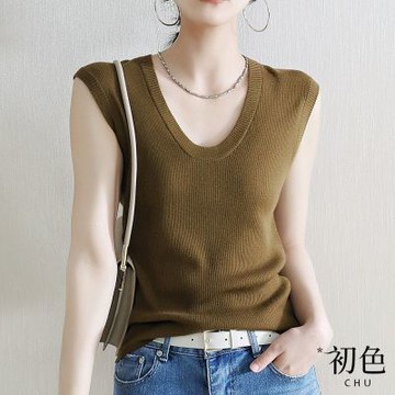 初色 清涼感簡約純色U型領涼爽透氣無袖針織背心上衣-共4色-30116(F可選)