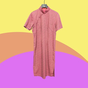 二手 古董訂製 暗粉色 印花 毛料 開衩 彈性 短袖 旗袍 CA410