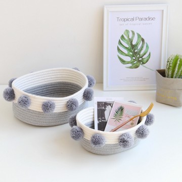 【收納職人】簡約北歐ins風棉線毛球編織裝飾置物籃/收納籃_灰色(大)