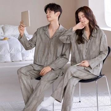 自帶胸墊情侶睡衣女士春秋款秋季開衫純棉長袖家居服翻領男款套裝