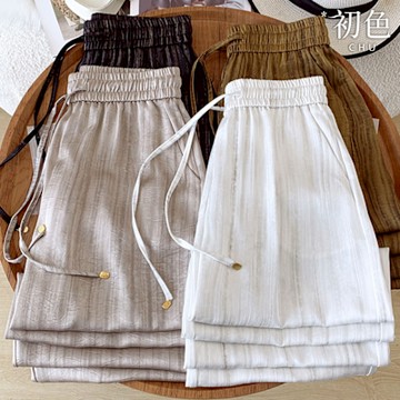 初色 豎條紋鬆緊腰抽繩闊腿褲休閒褲寬褲長褲-共3色-12923(M-XL可選)