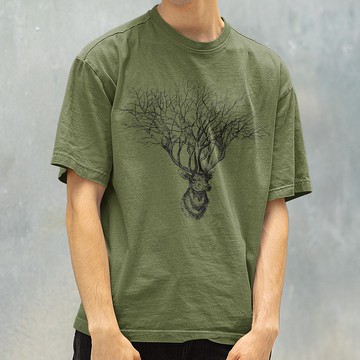 Deer Tree 中性短袖T恤 軍綠色 鹿樹動物文青禮物北歐聖誕交換