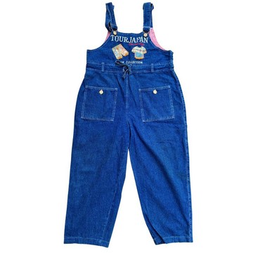 復古 90 年代日系丹寧工裝吊帶褲 刺繡拼布 寬管