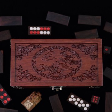 【接單量產】花鳥圖紅木盒 三分酸枝木骨牌套裝