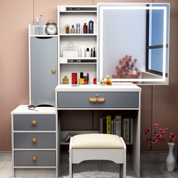化妝臺 帶燈化妝臺 網紅ns風梳妝檯臥室收納櫃一件式現代簡約梳妝櫃多功能帶燈化妝桌