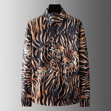【免運】潮牌春秋虎年老虎紋高端商務休閒修身長袖襯衫男防皺免燙襯衣