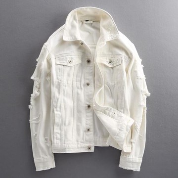 原創破洞牛仔外套男韓版潮流修身高街痞帥上衣服休閑白色牛仔夾克