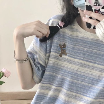 G64 CU 🥰萬年經典條紋🐻韓國小熊刺繡小logo寬鬆短袖T恤上衣/大學T