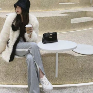 La Belleza鬆緊腰抽繩側邊滾白邊下擺開叉闊腿褲落地休閒棉褲